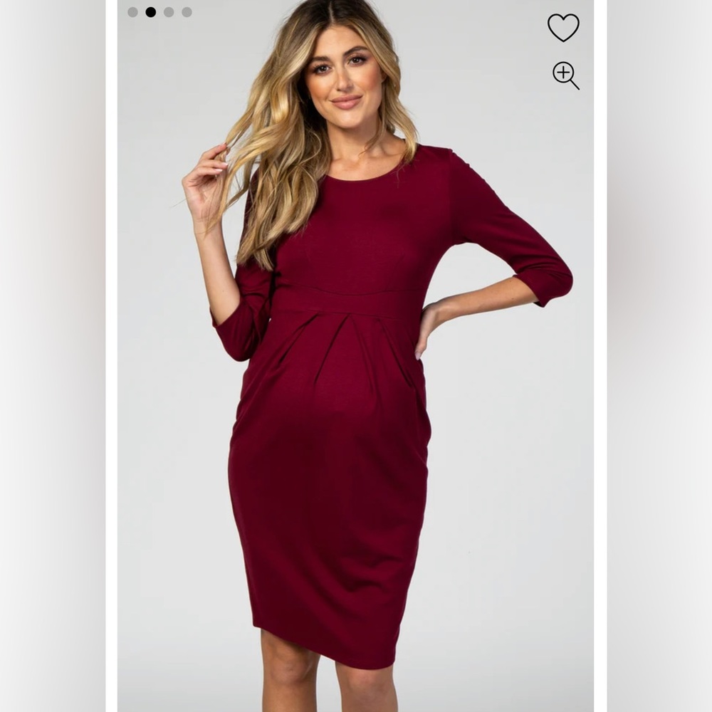 Burgundy 3/4 Sleeves Front Pleated Maternity Dress